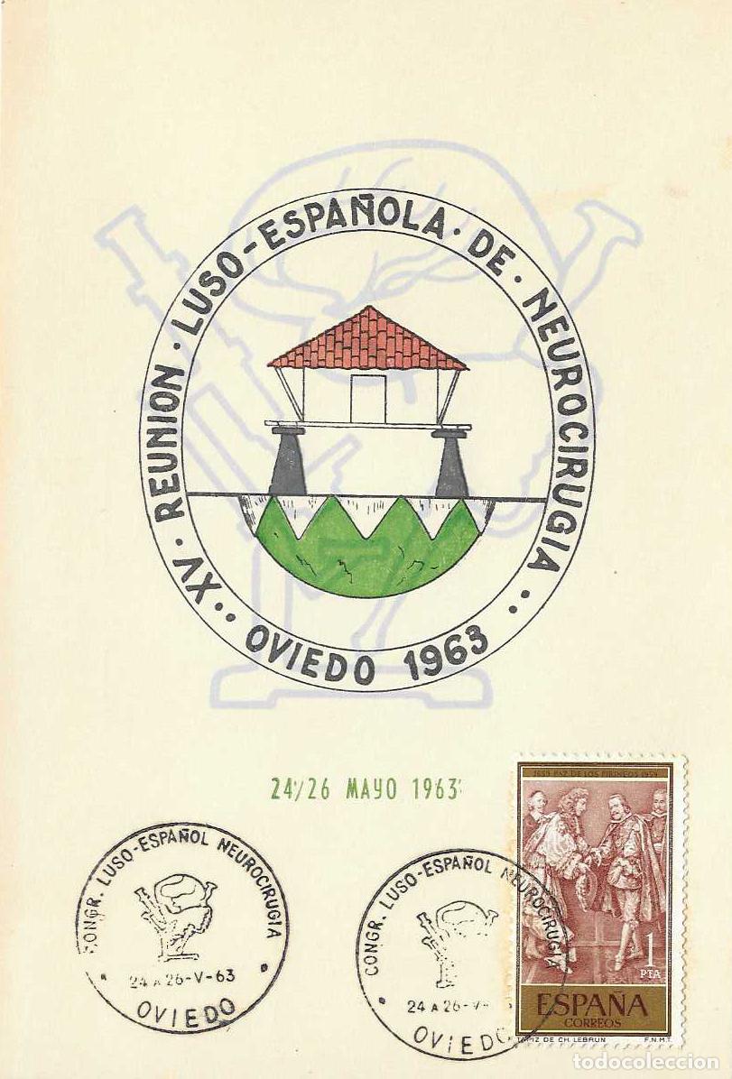 Sellos: MEDICINA NEUROCIRUGIA CONGRESO LUSO-ESPA&Ntilde;OL, OVIEDO (ASTURIAS) 1963. MATASELLOS EN TARJETA RARO ASI