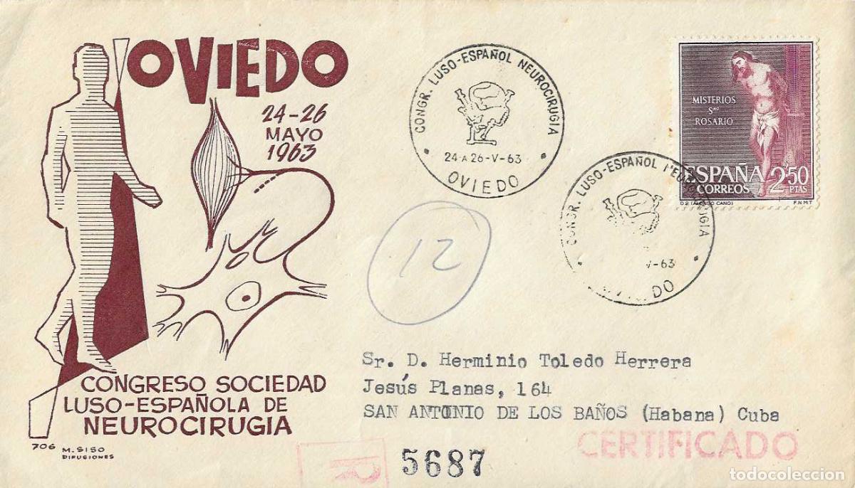 Sellos: MEDICINA NEUROCIRUGIA CONGRESO LUSO-ESPA&Ntilde;OL OVIEDO (ASTURIAS) 1963 MATASELLO SOBRE MS CIRCULADO CUBA