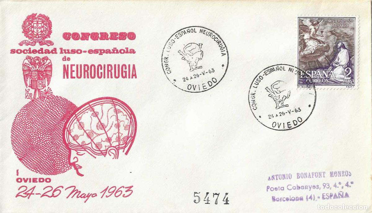 Sellos: MEDICINA NEUROCIRUGIA CONGRESO LUSO-ESPA&Ntilde;OL, OVIEDO (ASTURIAS) 1963. MATASELLOS EN SOBRE DE ALFIL