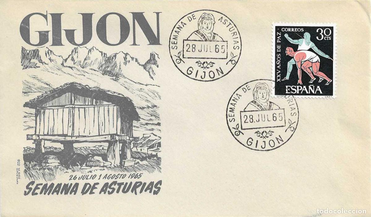 Sellos: HORREO SEMANA DE ASTURIAS II JUEGOS CANTABRICO GIJON 28 JULIO 1965. MATASELLOS SOBRE SIN CIRCULAR MS