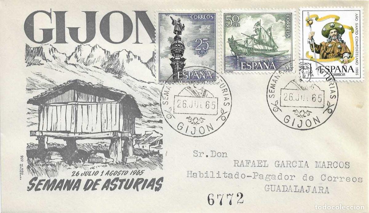 Sellos: HORREO SEMANA DE ASTURIAS II JUEGOS DEL CANTABRICO GIJON 26 JULIO 1965 MATASELLOS SOBRE CIRCULADO MS