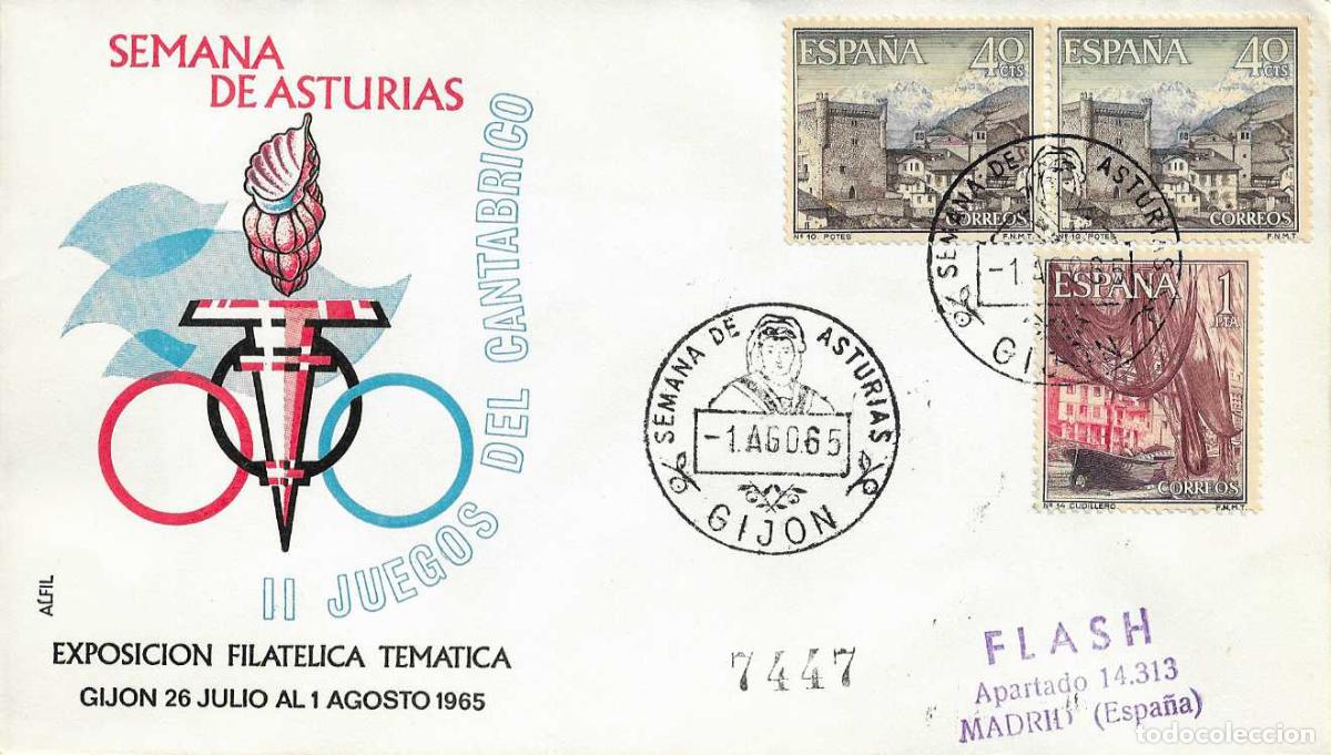 Sellos: SEMANA DE ASTURIAS II JUEGOS DEL CANTABRICO, GIJON 1 AGOSTO 1965 MATASELLOS EN SOBRE CIRCULADO ALFIL