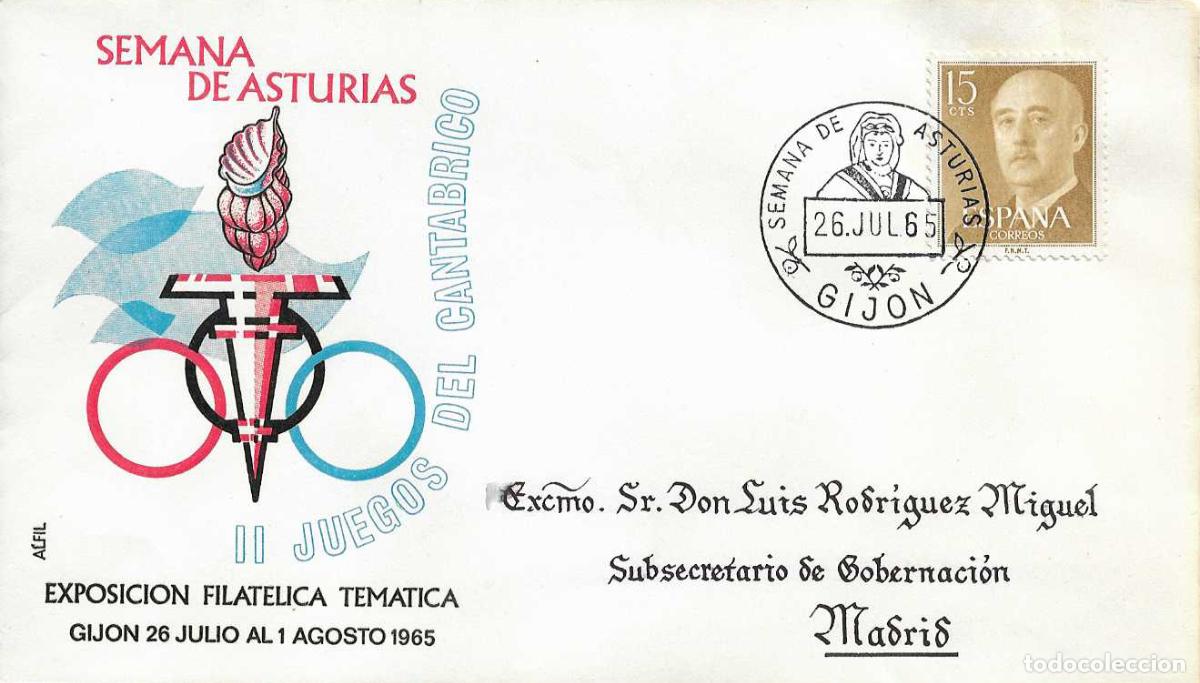 Sellos: SEMANA DE ASTURIAS II JUEGOS DEL CANTABRICO GIJON 26 JULIO 1965 MATASELLOS SOBRE DIRIGIDO ALFIL RARO