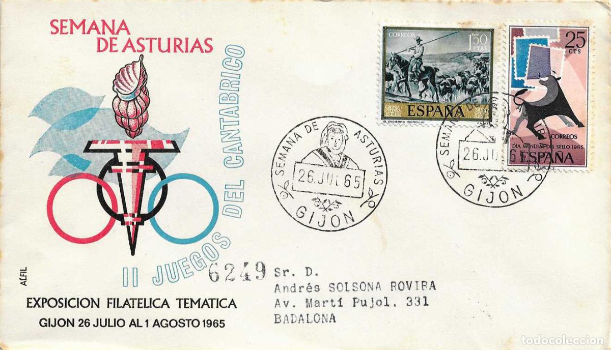 Sellos: SEMANA DE ASTURIAS II JUEGOS DEL CANTABRICO GIJON 26 JULIO 1965 MATASELLOS SOBRE CIRCULADO ALFIL RWR