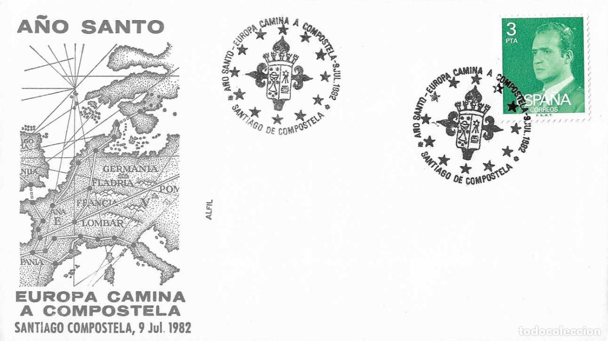 Sellos: EL CAMINO DE SANTIAGO A&Ntilde;O SANTO EUROPA CAMINA A COMPOSTELA (CORU&Ntilde;A) 1982 RARO MATASELLOS SOBRE ALFIL