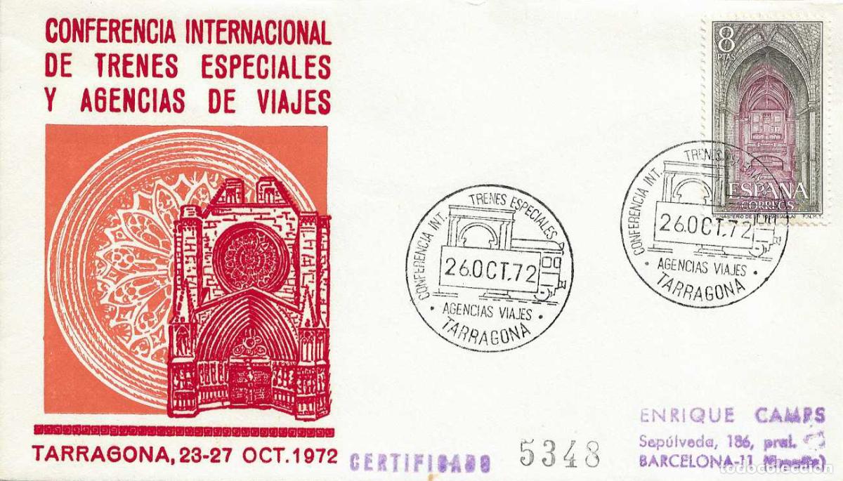 Sellos: TRENES AGENCIAS VIAJES CONFERENCIA, TARRAGONA 26 OCTUBRE 1972 RARO MATASELLOS FERROCARRIL SOBRE WXZ