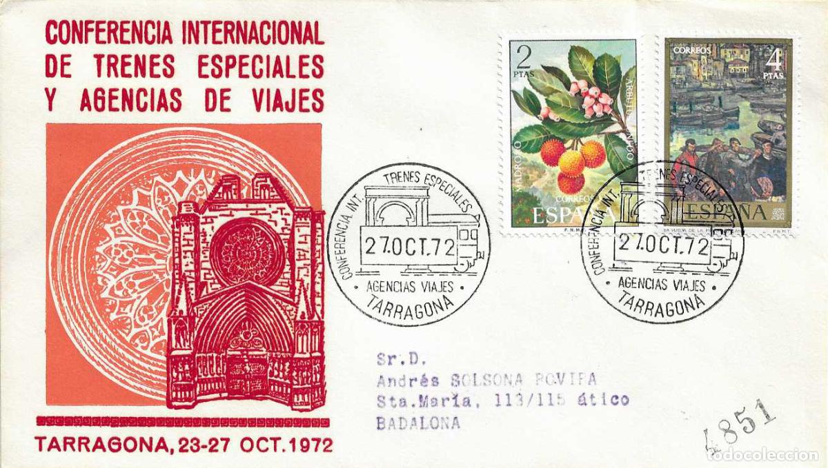 Sellos: TRENES AGENCIAS VIAJES CONFERENCIA, TARRAGONA 27 OCTUBRE 1972 RARO MATASELLOS FERROCARRIL SOBRE RWR