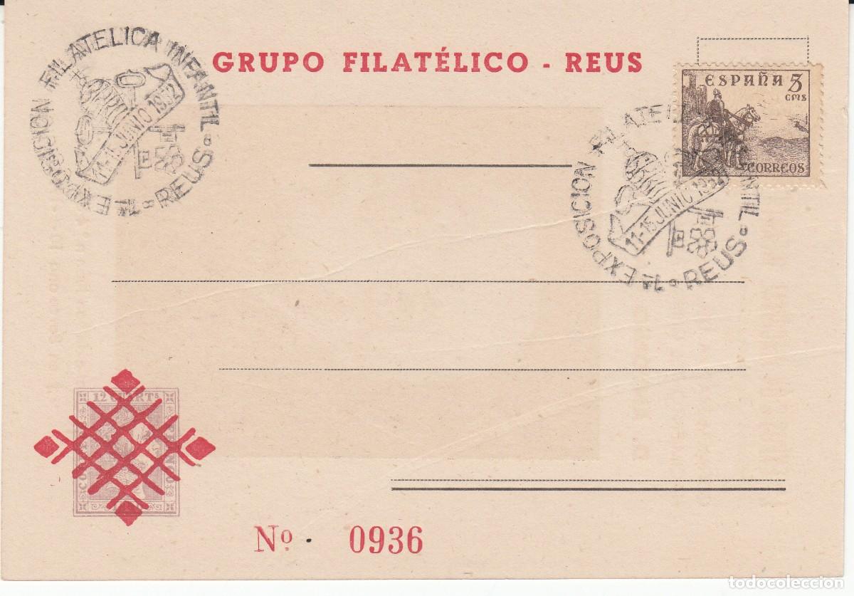 Sellos: MATASELLOS REUS - EXPOSICI&Oacute;N FILAT&Eacute;LICA INFANTIL - 1952 - EN TARJETA OFICIAL CON ANTONI GAUD&Iacute;
