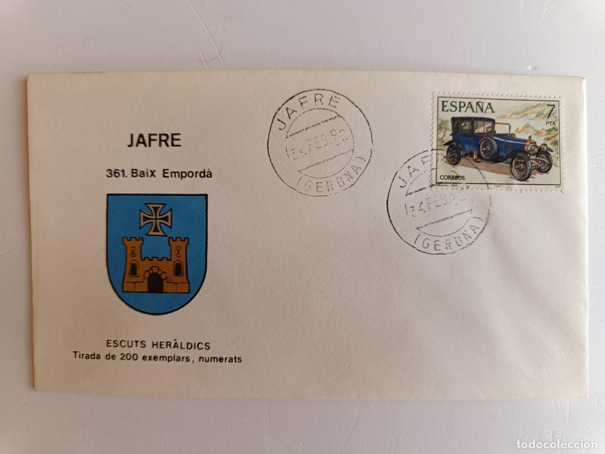 Sellos: MATASELLOS EN SOBRE ILUSTRADO CON ESCUDO DE LA POBLACI&Oacute;N DE JAFRE - BAIX EMPORD&Agrave; - GERONA