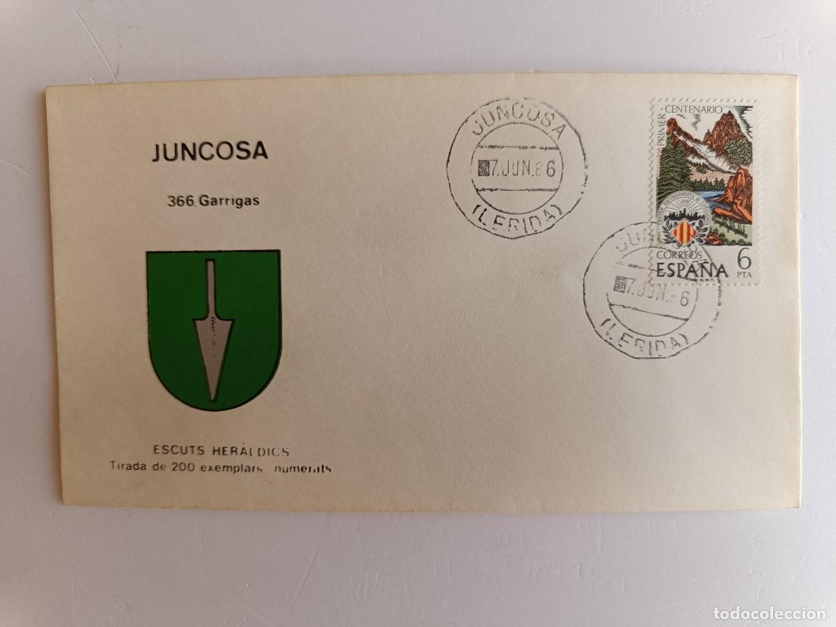 Sellos: MATASELLOS EN SOBRE ILUSTRADO CON ESCUDO DE LA POBLACI&Oacute;N DE JUNCOSA - GARRIGAS - LERIDA
