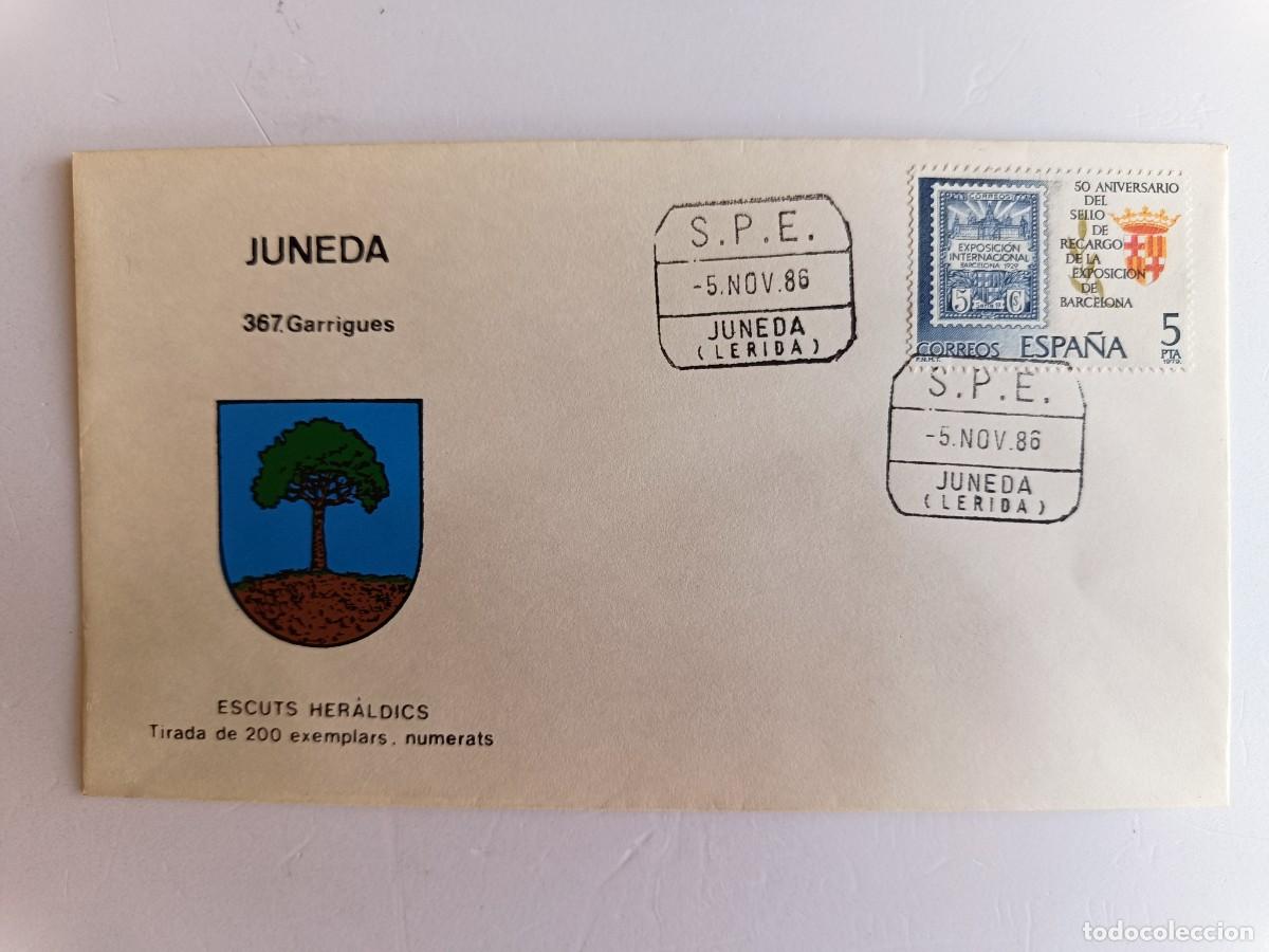 Sellos: MATASELLOS EN SOBRE ILUSTRADO CON ESCUDO DE LA POBLACI&Oacute;N DE JUNEDA - GARRIGAS - LERIDA