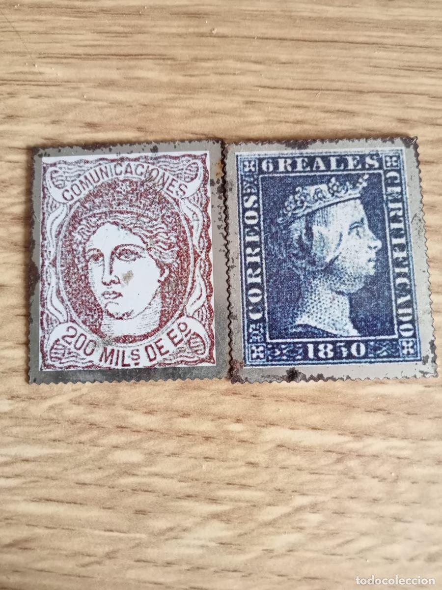 Sellos: Sello 6 Reales 1850 y Sello de Comunicaciones de 200 mil&eacute;simas de escudo 1870