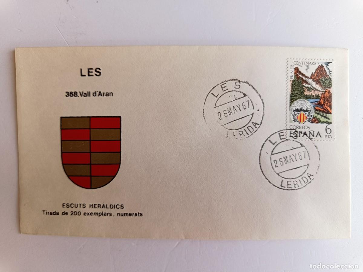 Sellos: MATASELLOS EN SOBRE ILUSTRADO CON ESCUDO DE LA POBLACI&Oacute;N DE LES - VALL D'ARAN - LERIDA