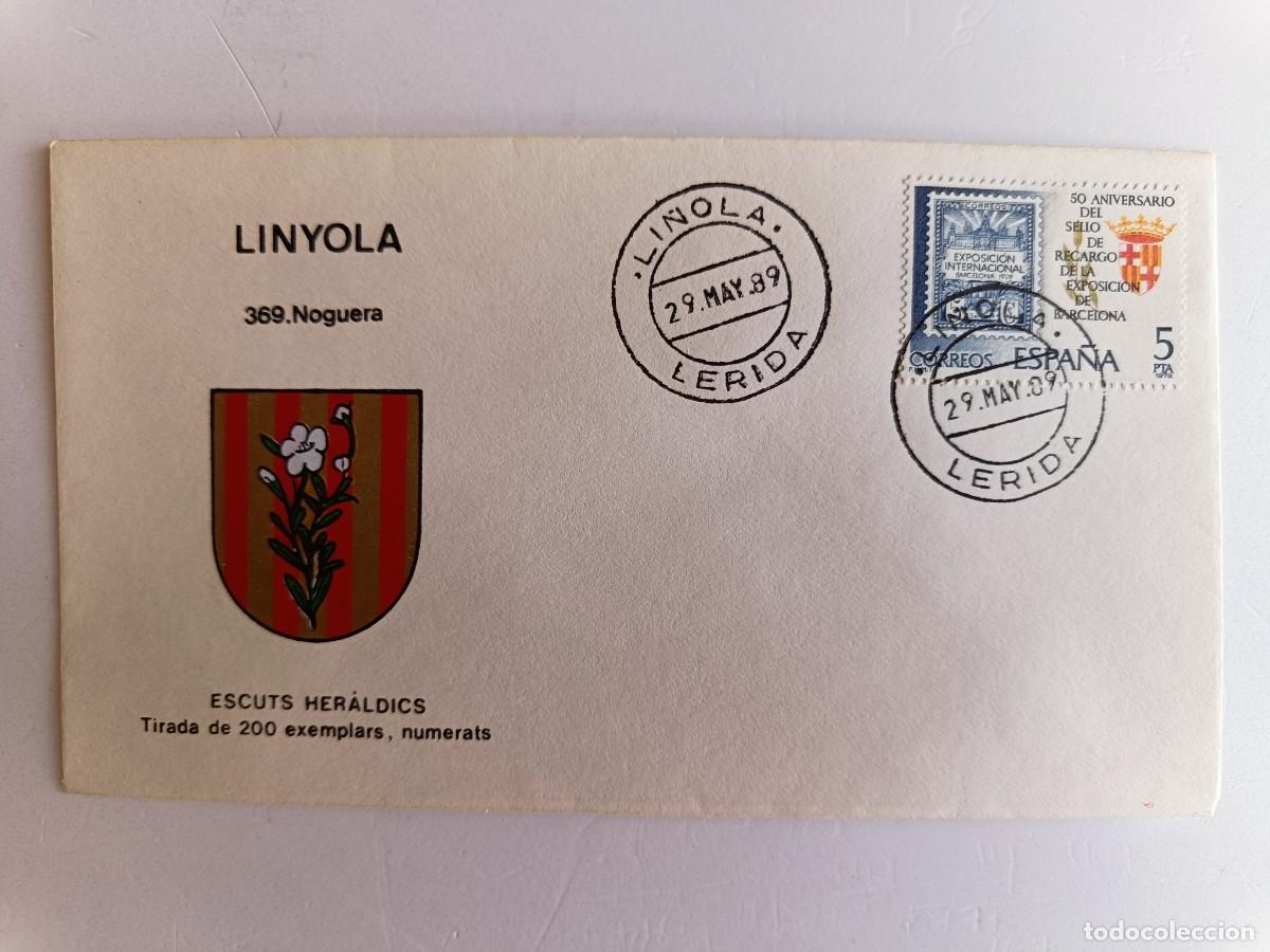 Sellos: MATASELLOS EN SOBRE ILUSTRADO CON ESCUDO DE LA POBLACI&Oacute;N DE LINYOLA - NOGUERA - LERIDA