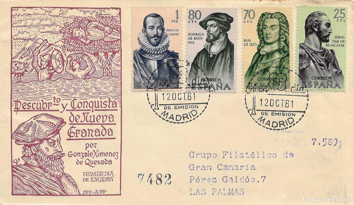 Sellos: FORJADORES DE AMERICA 1961 (EDIFIL 1374/77) SOBRE PRIMER DIA CIRCULADO DEL SERVICIO FILATELICO XZX