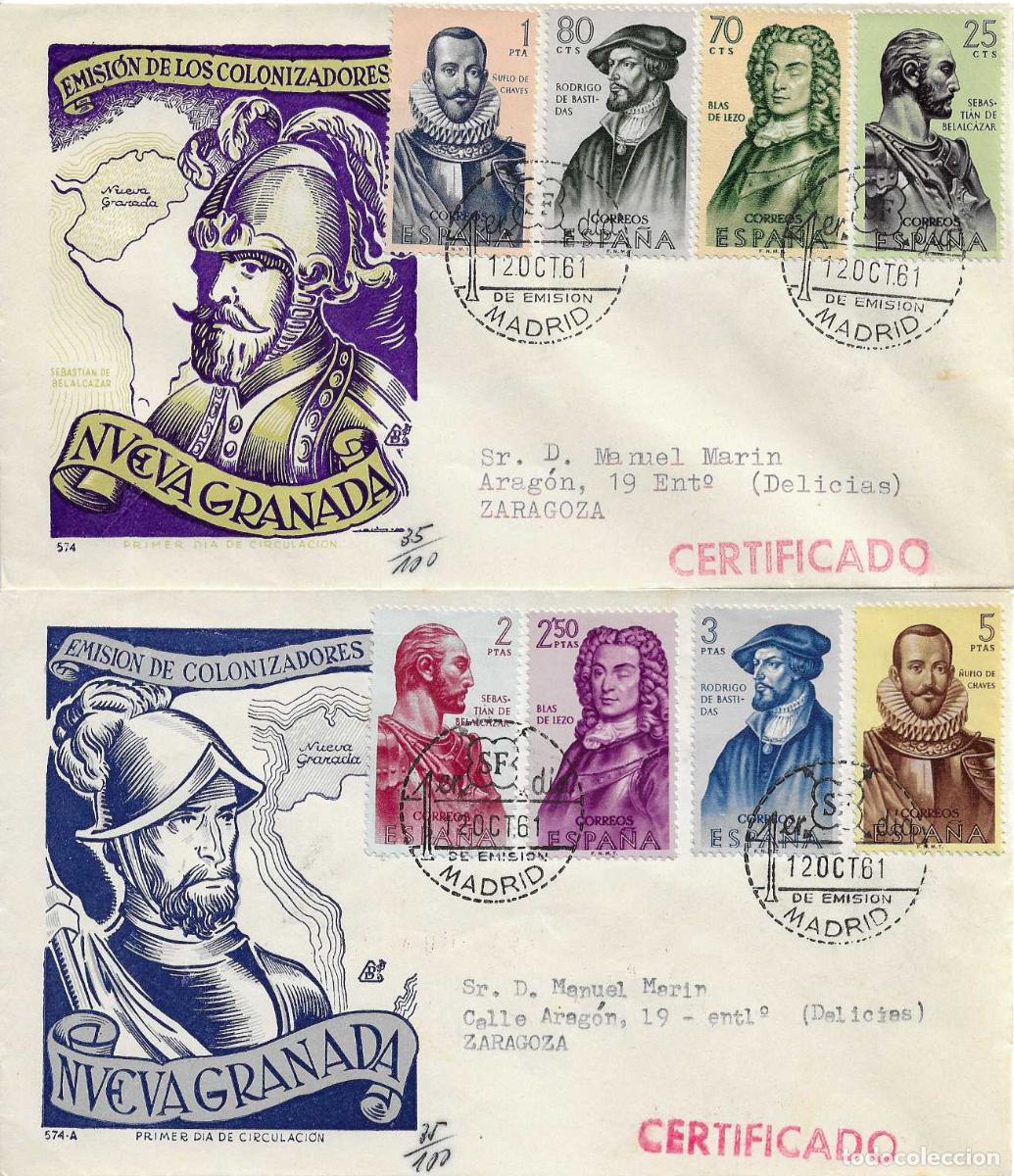 Sellos: FORJADORES DE AMERICA 1961 (EDIFIL 1374/81) EN DOS SOBRES PRIMER DIA CIRCULADOS DE DP RAROS ASI