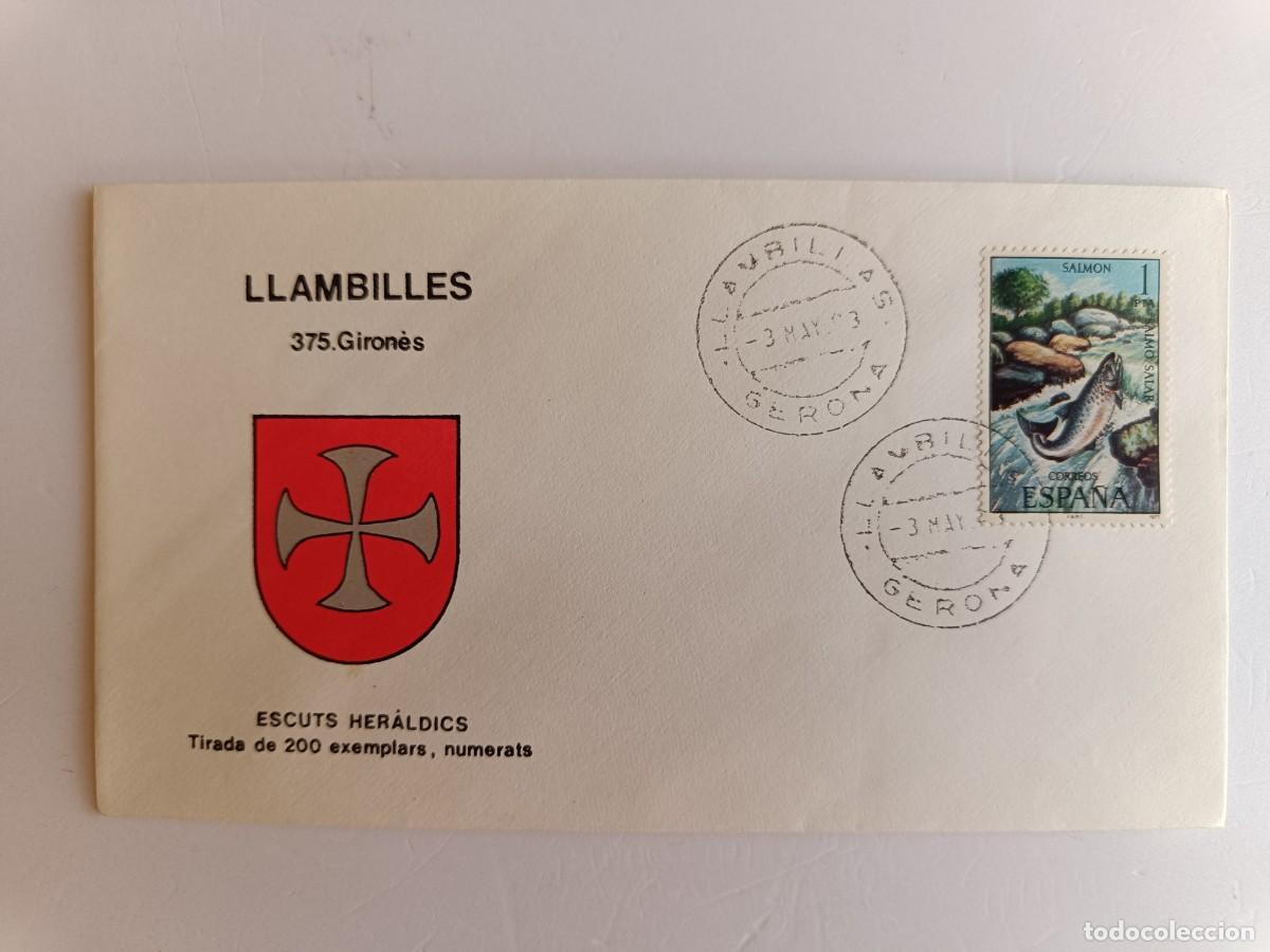 Sellos: MATASELLOS EN SOBRE ILUSTRADO CON ESCUDO DE LA POBLACI&Oacute;N DE LA LLAMBILLES - GIRON&Egrave;S - GERONA