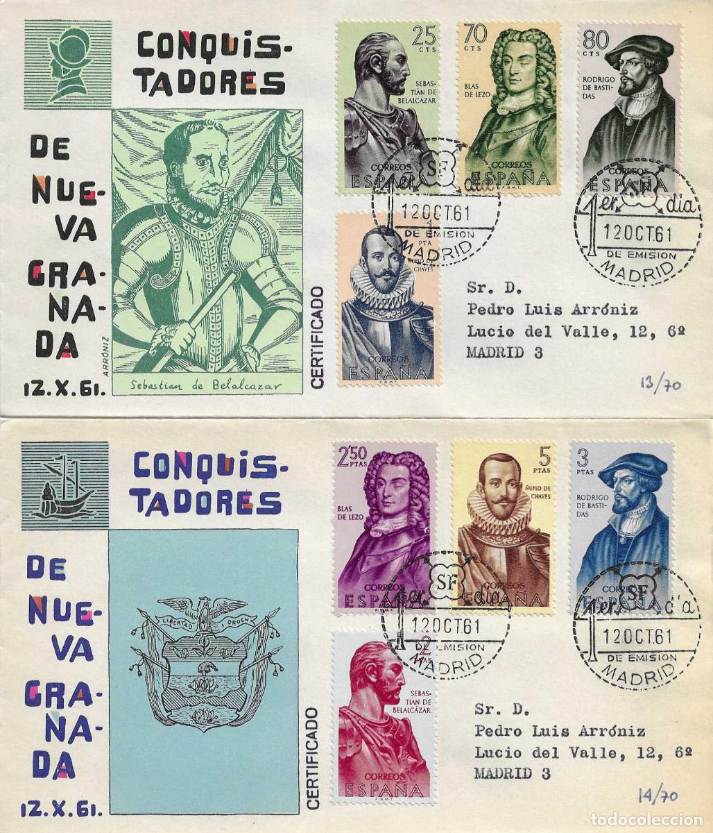 Sellos: FORJADORES DE AMERICA 1961 (EDIFIL 1374/81) EN DOS SOBRES PRIMER DIA CIRCULADOS ARRONIZ RAROS ASI