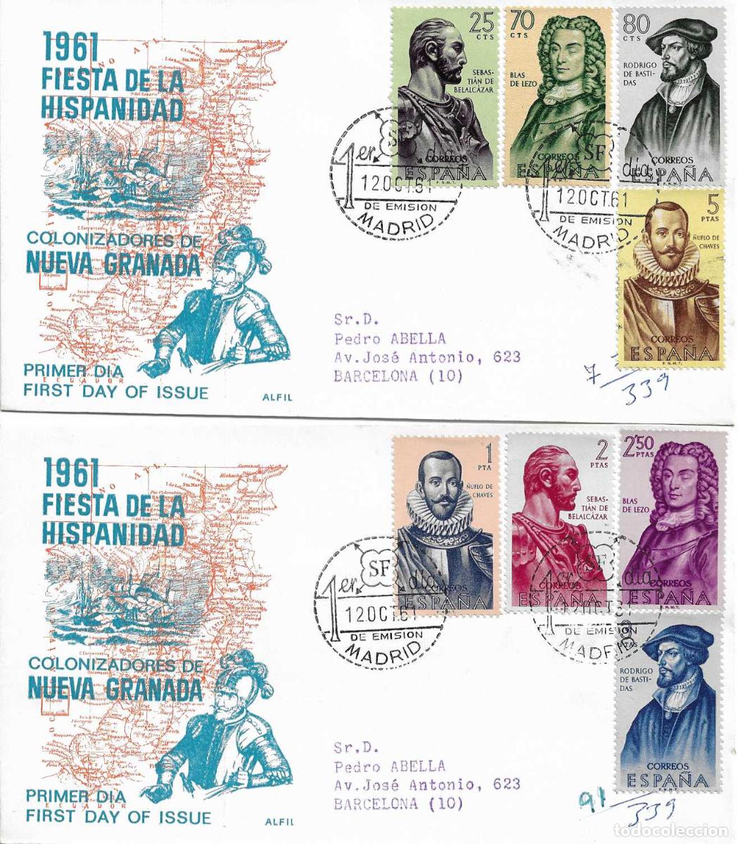 Sellos: FORJADORES DE AMERICA 1961 (EDIFIL 1374/81) EN DOS SOBRES PRIMER DIA CIRCULADOS DE ALFIL RAROS ASI