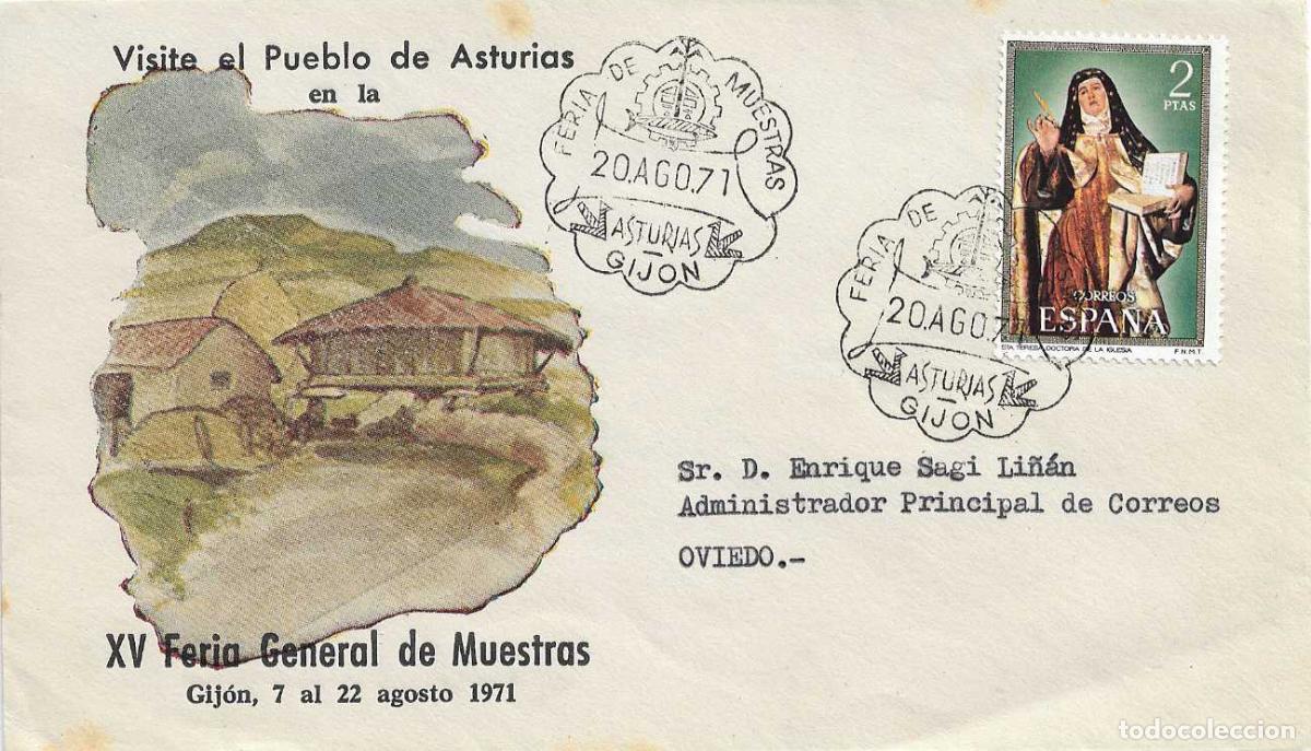 Sellos: XV FERIA DE MUESTRAS DE ASTURIAS, GIJON 20 AGOSTO 1971. MATASELLOS EN SOBRE ILUSTRADO RARO ASI