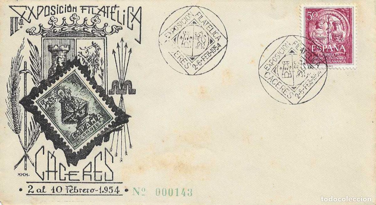 Sellos: II EXPOSICION FILATELICA, CACERES 1954 MATASELLOS RARO SOBRE NUMERADO ILUSTRACION VERDE SIN CIRCULAR