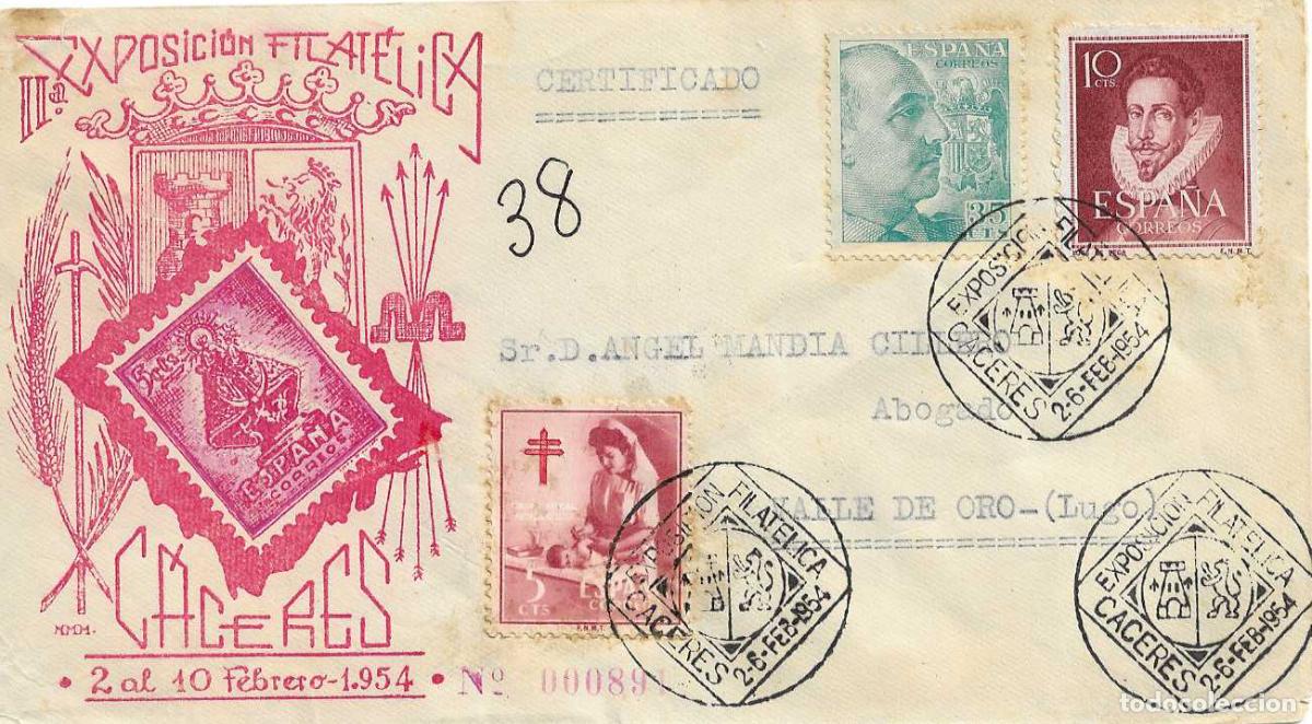 Sellos: II EXPOSICION FILATELICA, CACERES 1954 MATASELLOS SOBRE NUMERADO ILUSTRACION ROJO CIRCULADO MUY RARO