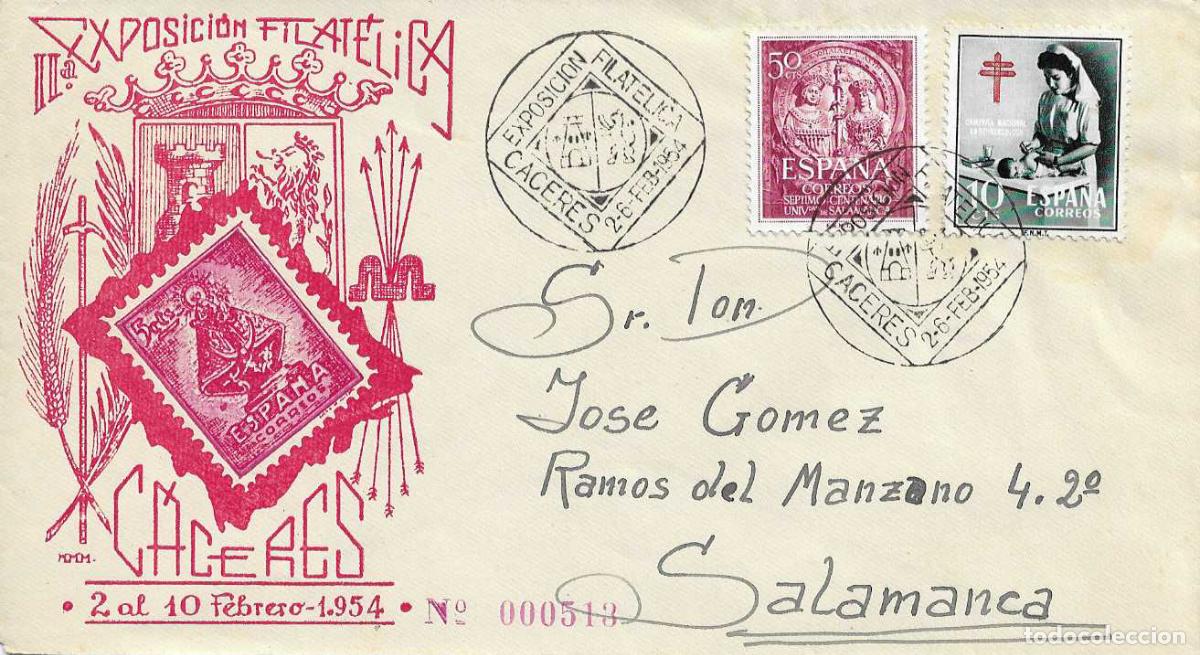 Sellos: II EXPOSICION FILATELICA, CACERES 1954. MATASELLOS RARO SOBRE NUMERADO ILUSTRACION ROJO SIN CIRCULAR
