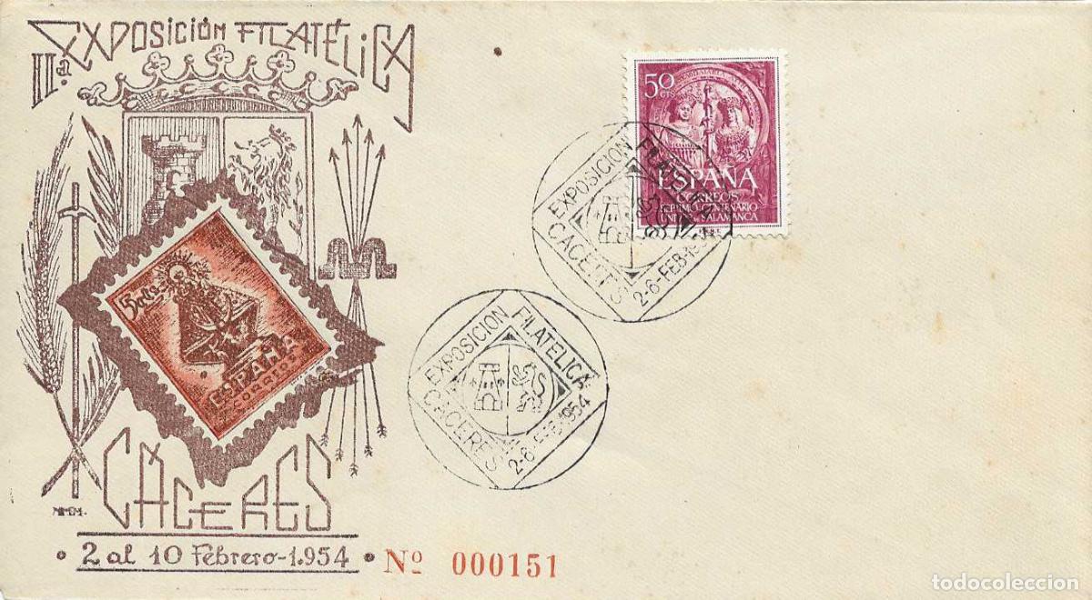 Sellos: II EXPOSICION FILATELICA CACERES 1954 MATASELLOS RARO SOBRE NUMERADO ILUSTRACION MARRON SIN CIRCULAR