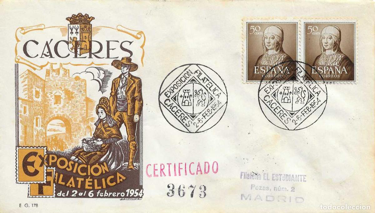 Sellos: II EXPOSICION FILATELICA, CACERES 1954. MATASELLOS EN SOBRE CIRCULADO DE EG RARO ASI