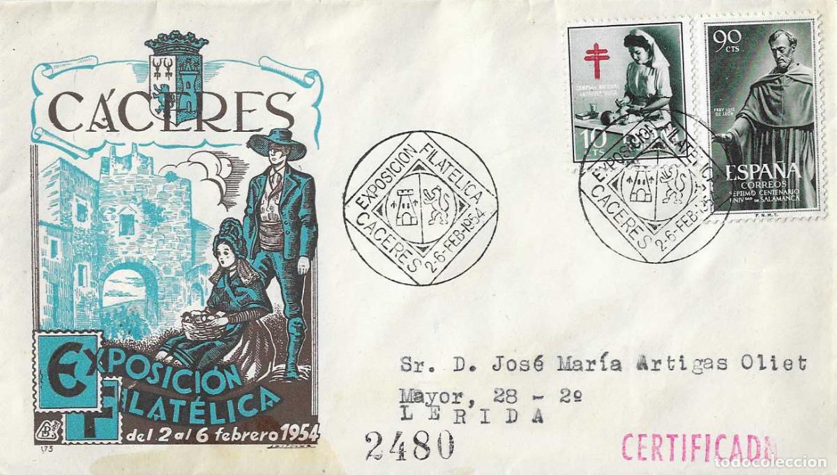 Sellos: II EXPOSICION FILATELICA, CACERES 1954. MATASELLOS EN SOBRE CIRCULADO DE DP RARO ASI RWR