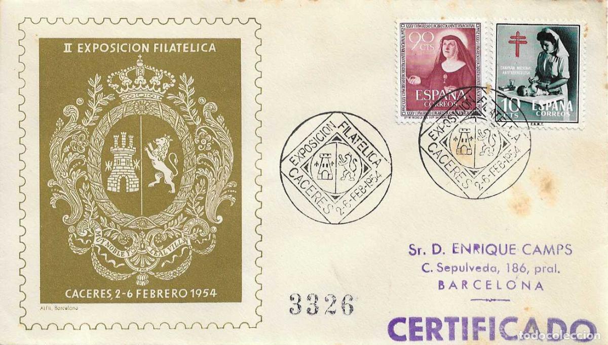 Sellos: II EXPOSICION FILATELICA, CACERES 1954. RARO MATASELLOS EN SOBRE CIRCULADO DE ALFIL RWR