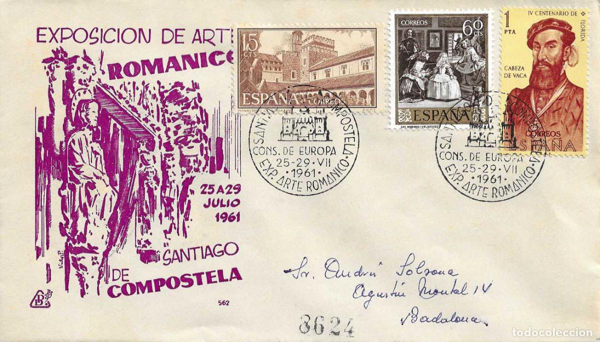 Sellos: ARTE ROMANICO CONSEJO EUROPA SANTIAGO COMPOSTELA (CORU&Ntilde;A) 1961. MATASELLOS SOBRE CIRCULADO DP RARO