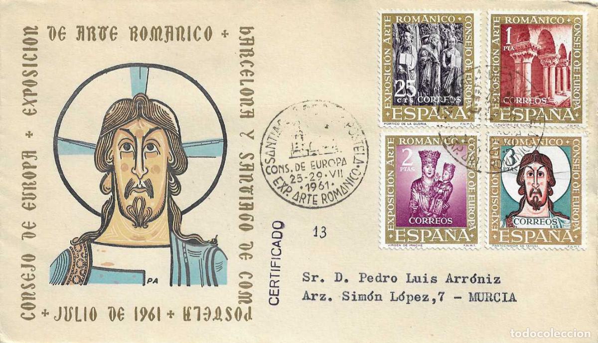 Sellos: ARTE ROMANICO CONSEJO EUROPA SANTIAGO COMPOSTELA CORU&Ntilde;A 1961 MATASELLOS SOBRE CIRCULADO ARRONIZ RARO