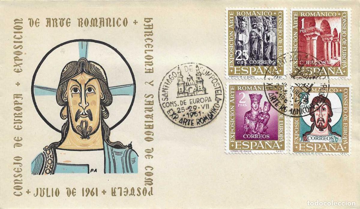 Sellos: ARTE ROMANICO CONSEJO EUROPA SANTIAGO DE COMPOSTELA 1961 MATASELLOS SOBRE ARRONIZ SERIE COMPLETA RWR
