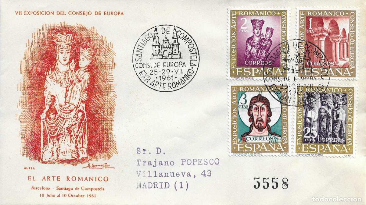 Sellos: ARTE ROMANICO CONSEJO EUROPA SANTIAGO COMPOSTELA CORU&Ntilde;A 1961 MATASELLOS SOBRE ALFIL SERIE COMPLETA