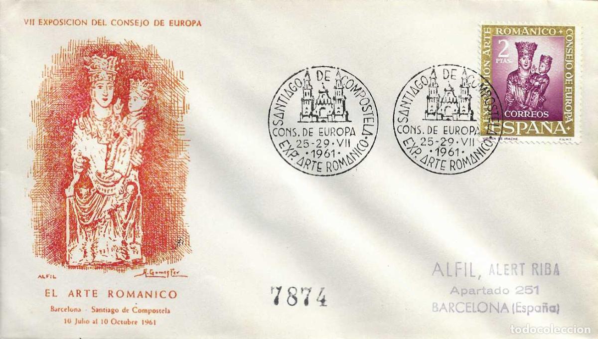 Sellos: ARTE ROMANICO CONSEJO EUROPA SANTIAGO COMPOSTELA (CORU&Ntilde;A) 1961 MATASELLOS SOBRE CIRCULADO ALFIL ROJO
