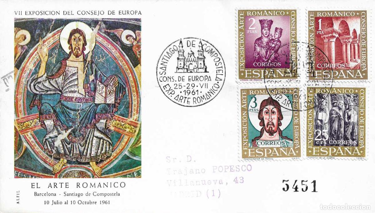 Sellos: ARTE ROMANICO CONSEJO EUROPA SANTIAGO COMPOSTELA CORU&Ntilde;A 1961 MATASELLOS SOBRE ALFIL SERIE COMPLETA