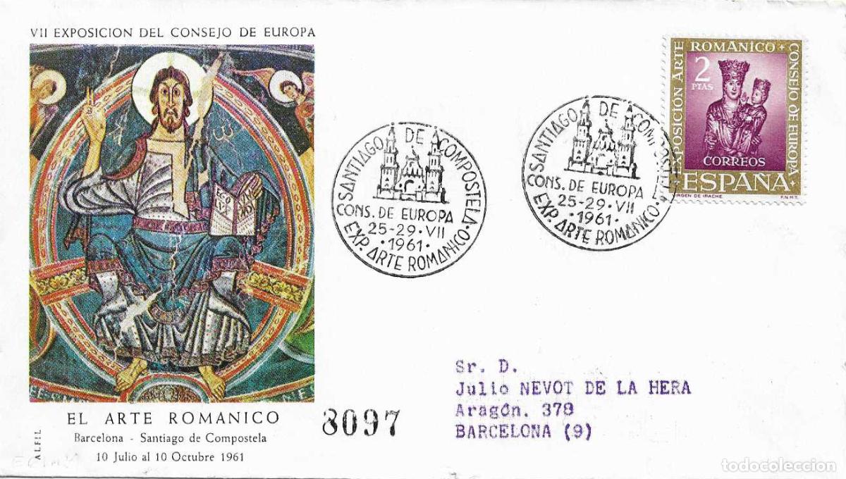Sellos: ARTE ROMANICO CONSEJO EUROPA SANTIAGO COMPOSTELA (CORU&Ntilde;A) 1961. MATASELLOS SOBRE CIRCULADO DE ALFIL