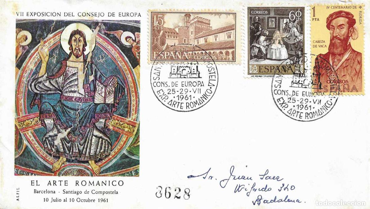 Sellos: ARTE ROMANICO CONSEJO EUROPA SANTIAGO COMPOSTELA (CORU&Ntilde;A) 1961. MATASELLOS SOBRE CIRCULADO DE ALFIL
