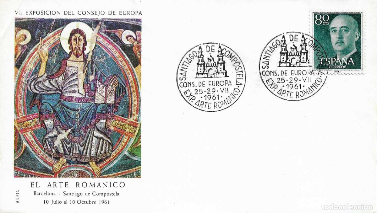 Sellos: ARTE ROMANICO CONSEJO EUROPA SANTIAGO COMPOSTELA (CORU&Ntilde;A) 1961. MATASELLOS SOBRE SIN CIRCULAR ALFIL