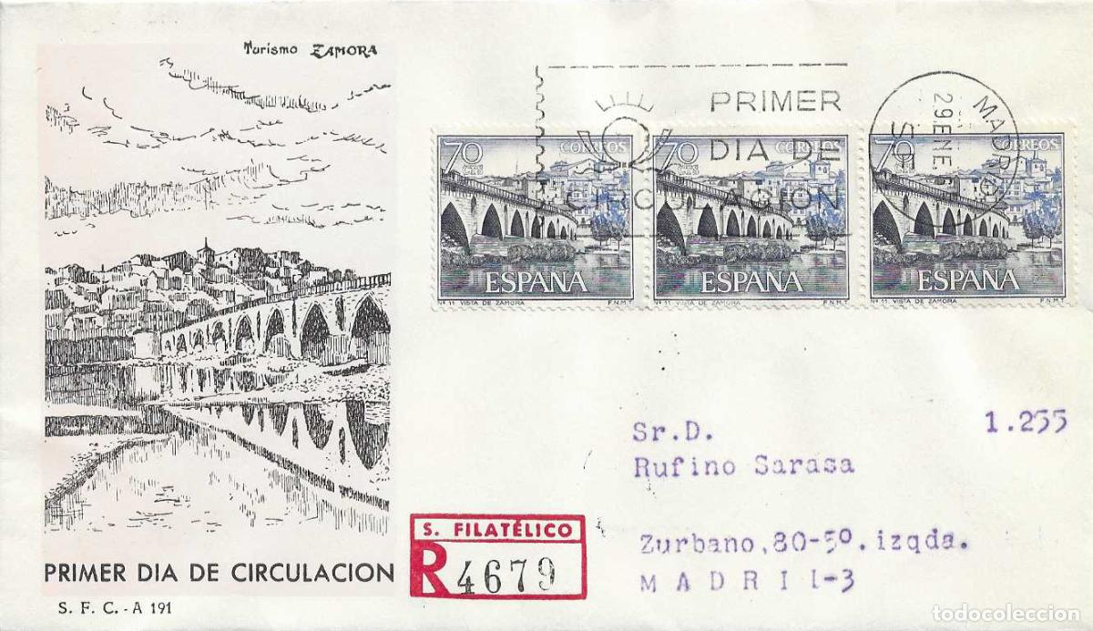 Sellos: PUENTE ROMANO ZAMORA SERIE TURISTICA 1965 (EDIFIL 1646 TRES SELLOS) EN SPD CIRCULADO DEL SFC XZX