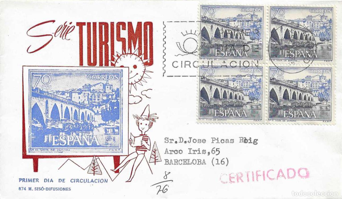 Sellos: PUENTE ROMANO ZAMORA SERIE TURISTICA 1965 (EDIFIL 1646 CUATRO SELLOS) EN SPD CIRCULADO MS RARO ASI