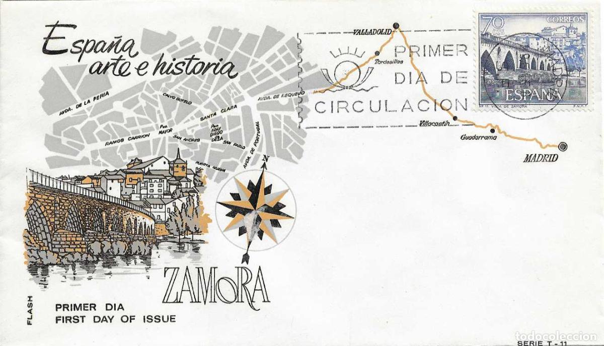 Sellos: PUENTE ROMANO DE ZAMORA SERIE TURISTICA 1965 (EDIFIL 1646) EN SOBRE PRIMER DIA DE FLASH