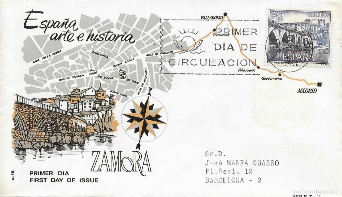 Sellos: PUENTE ROMANO DE ZAMORA SERIE TURISTICA 1965 (EDIFIL 1646) EN SOBRE PRIMER DIA CIRCULADO DE ALFIL