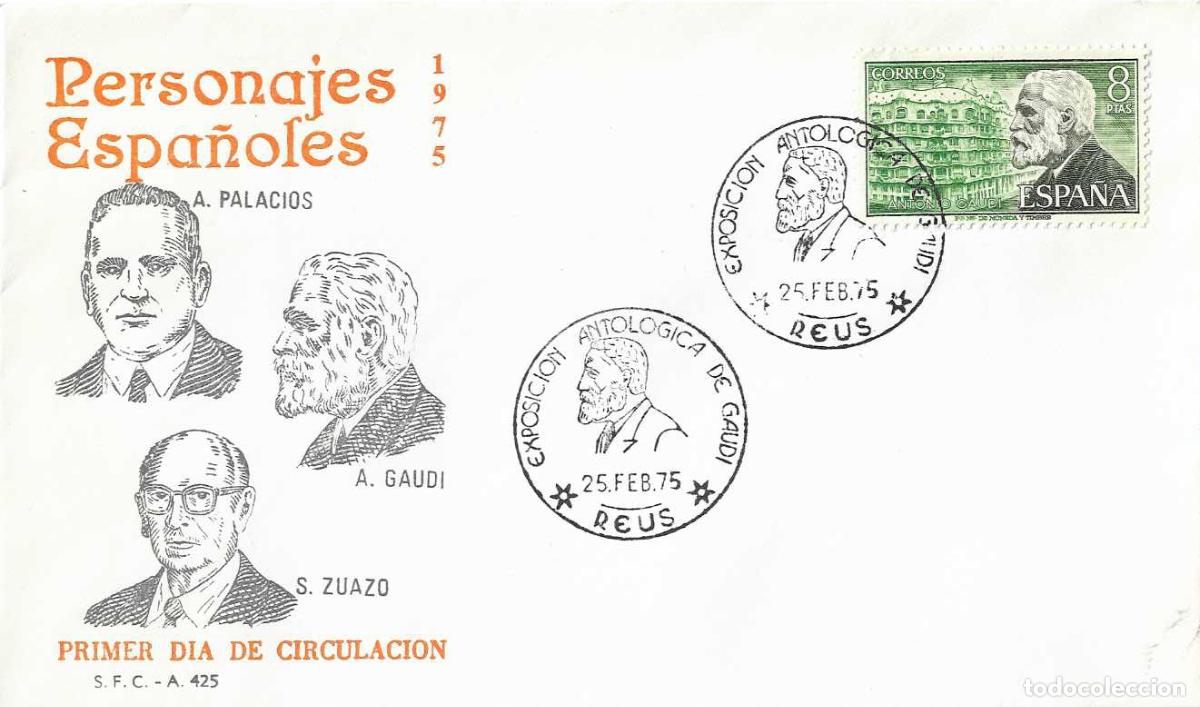 Sellos: ARQUITECTURA GAUDI EXPOSIC, REUS (TARRAGONA) 1975 MATASELLOS SPD SERVICIO FILATELICO EDIFIL 2241 WXZ