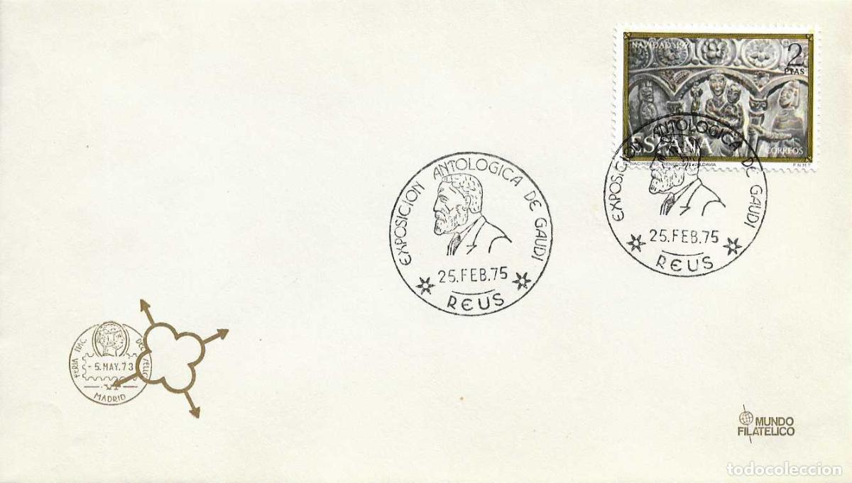 Sellos: ARQUITECTURA GAUDI EXPOSICION ANTOLOGICA, REUS (TARRAGONA) 1975. RARO MATASELLOS EN SOBRE DE MF RWR