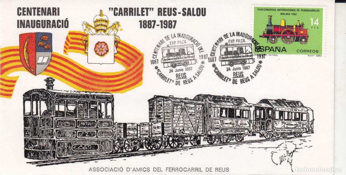 Sellos: MATASELLOS REUS - CENTENARI INAUGURACI&Oacute; CARRILET REUS-SALOU - 1987 ---TRENES - FERROCARRIL -