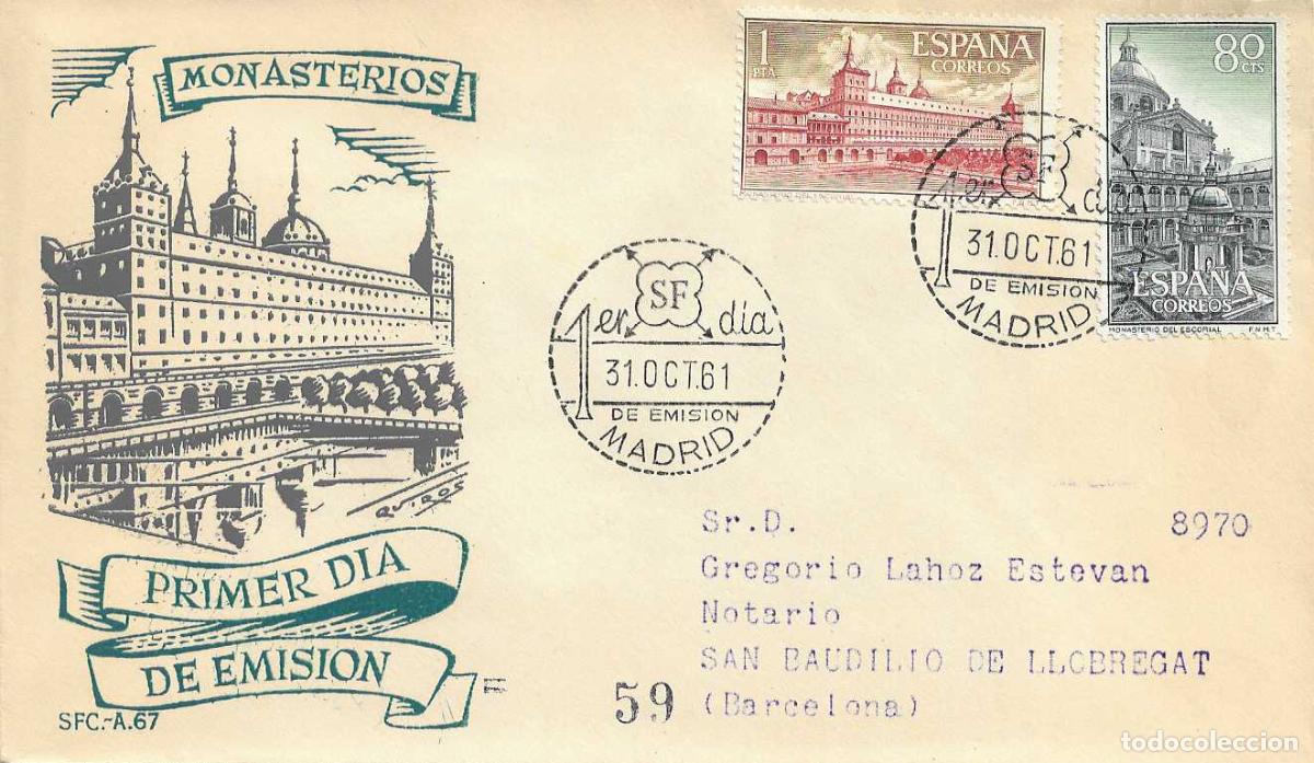 Sellos: REAL MONASTERIO SAN LORENZO DE EL ESCORIAL 1961 (EDIFIL 1383/84) SPD DEL SERVICIO FILATELICO XZX