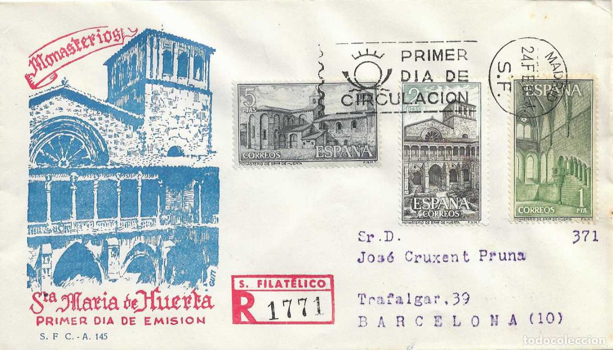 Sellos: MONASTERIO SANTA MARIA DE HUERTA SORIA 1964 (EDIFIL 1563/65) SPD CIRCULADO SERVICIO FILATELICO XZX