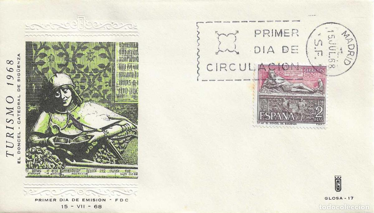 Sellos: EL DONCEL SIG&Uuml;ENZA GUADALAJARA SERIE TURISTICA 1968 (EDIFIL 1878) SOBRE PRIMER DIA DE GLOSA RARO ASI
